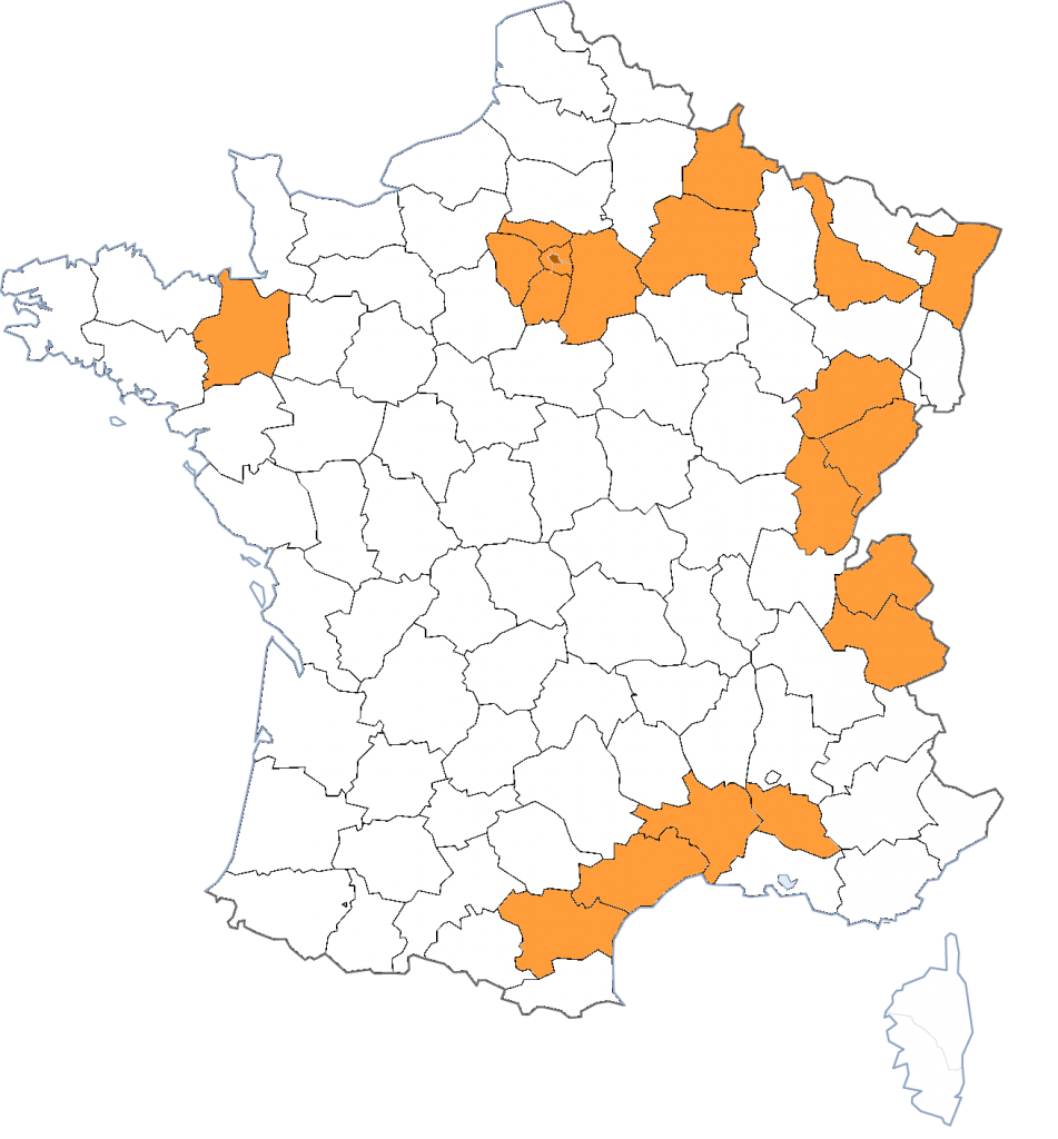 Carte de France avec les départements où Koalako se déplace en tournée